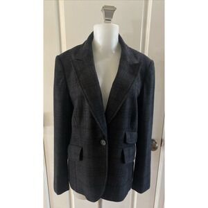 LOFT Herringbone Plaid Wool Blend One Button Blazer Jacket Black Gray Size 14